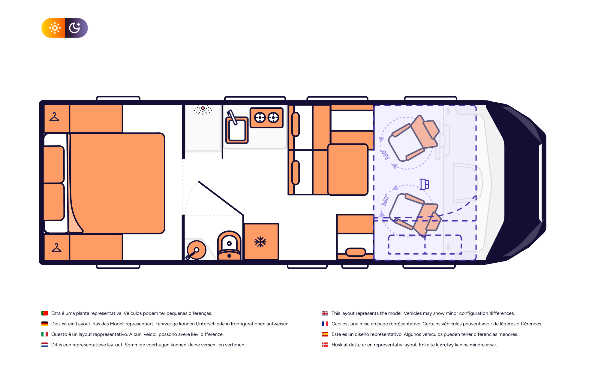 Camper van interior layout with bed, kitchenette, bathroom, dining area, and two swivel front seats.