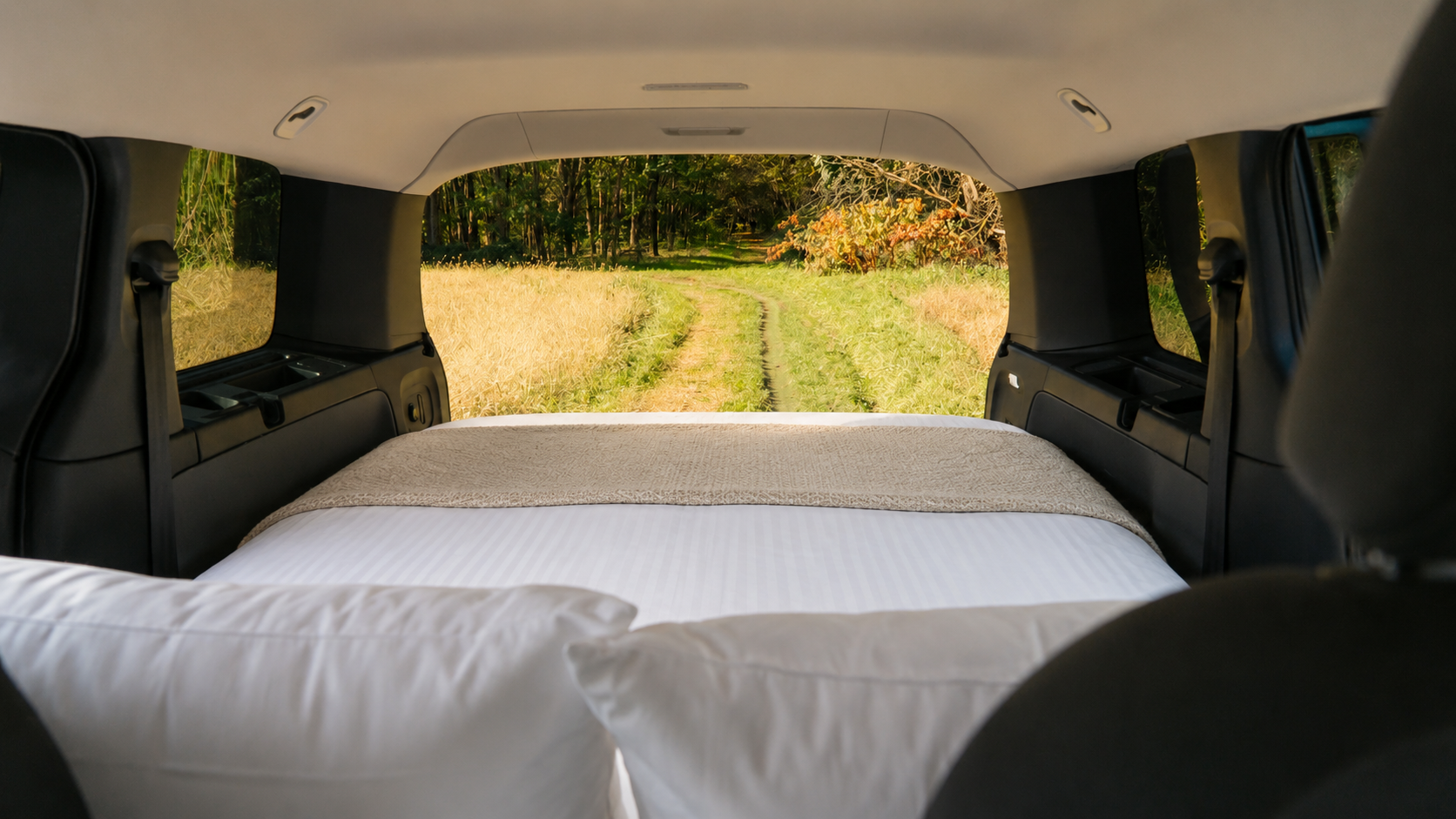 View from inside camper van with bed setup, overlooking a grassy path and forest through the rear windows.