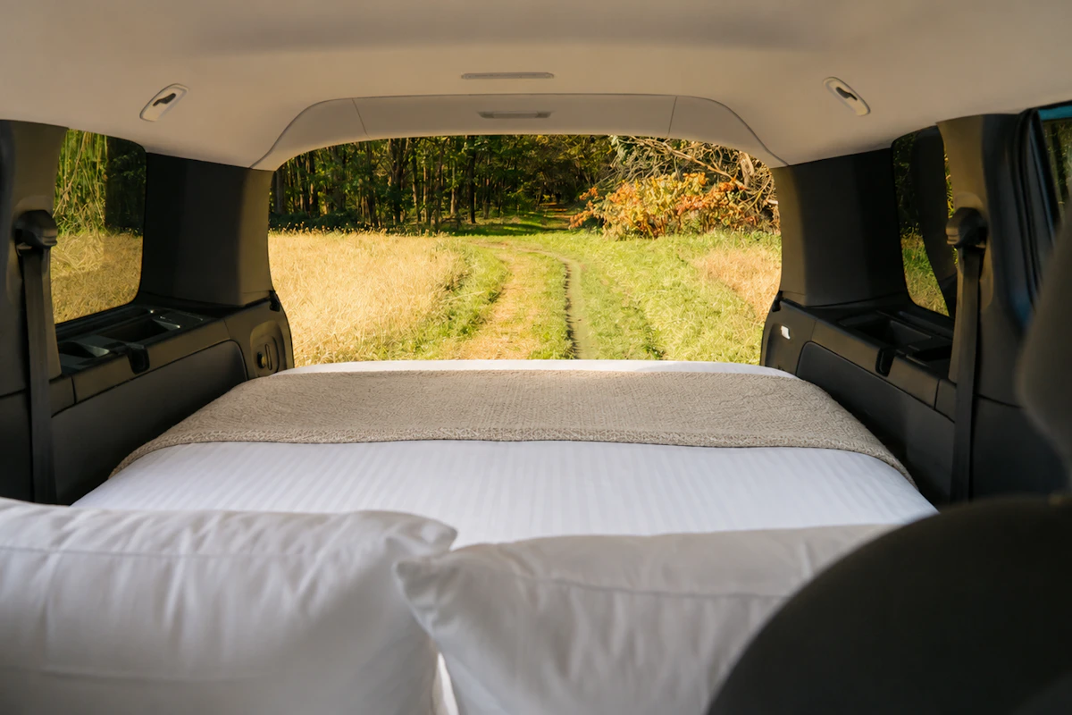 View from inside camper van with bed setup, overlooking a grassy path and forest through the rear windows.