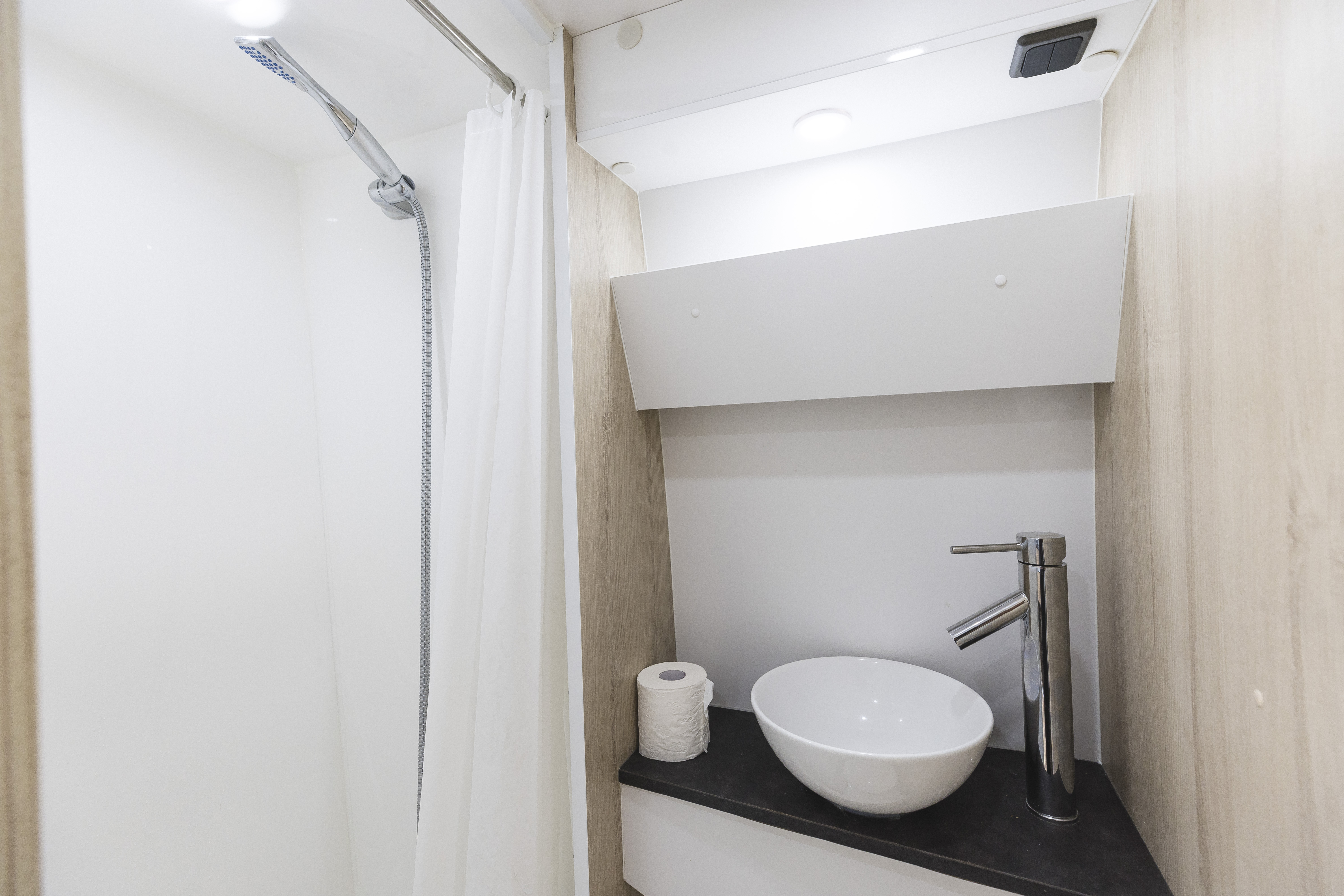 Modern campervan bathroom with shower, round sink, tall faucet, countertop, toilet paper roll, and light wood accents.
