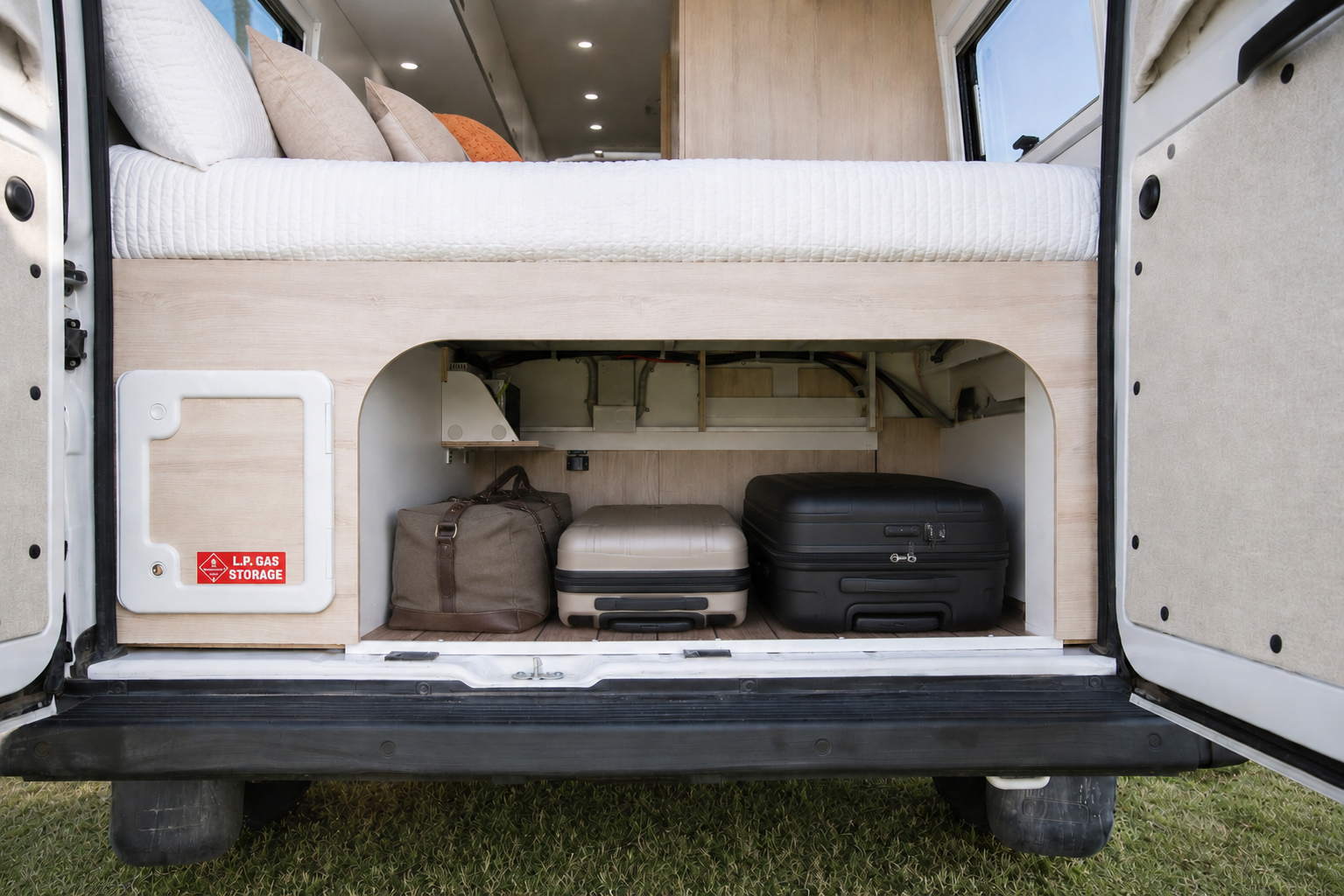 Rear view of van interior showing storage area with bags and bed above, shelves and light wood cabinets visible.