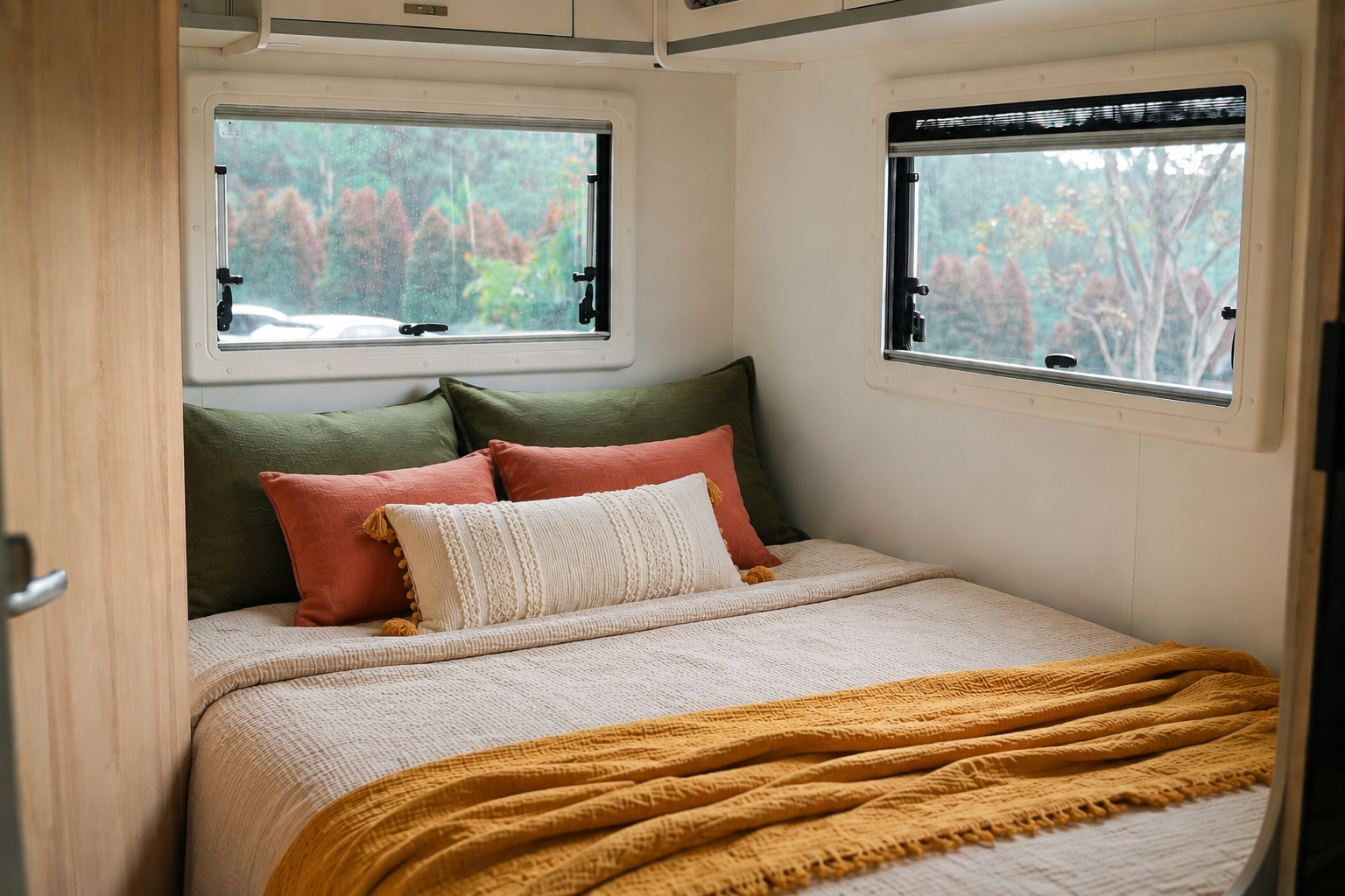 Van interior with a large bed, multiple pillows, and windows on two walls.
