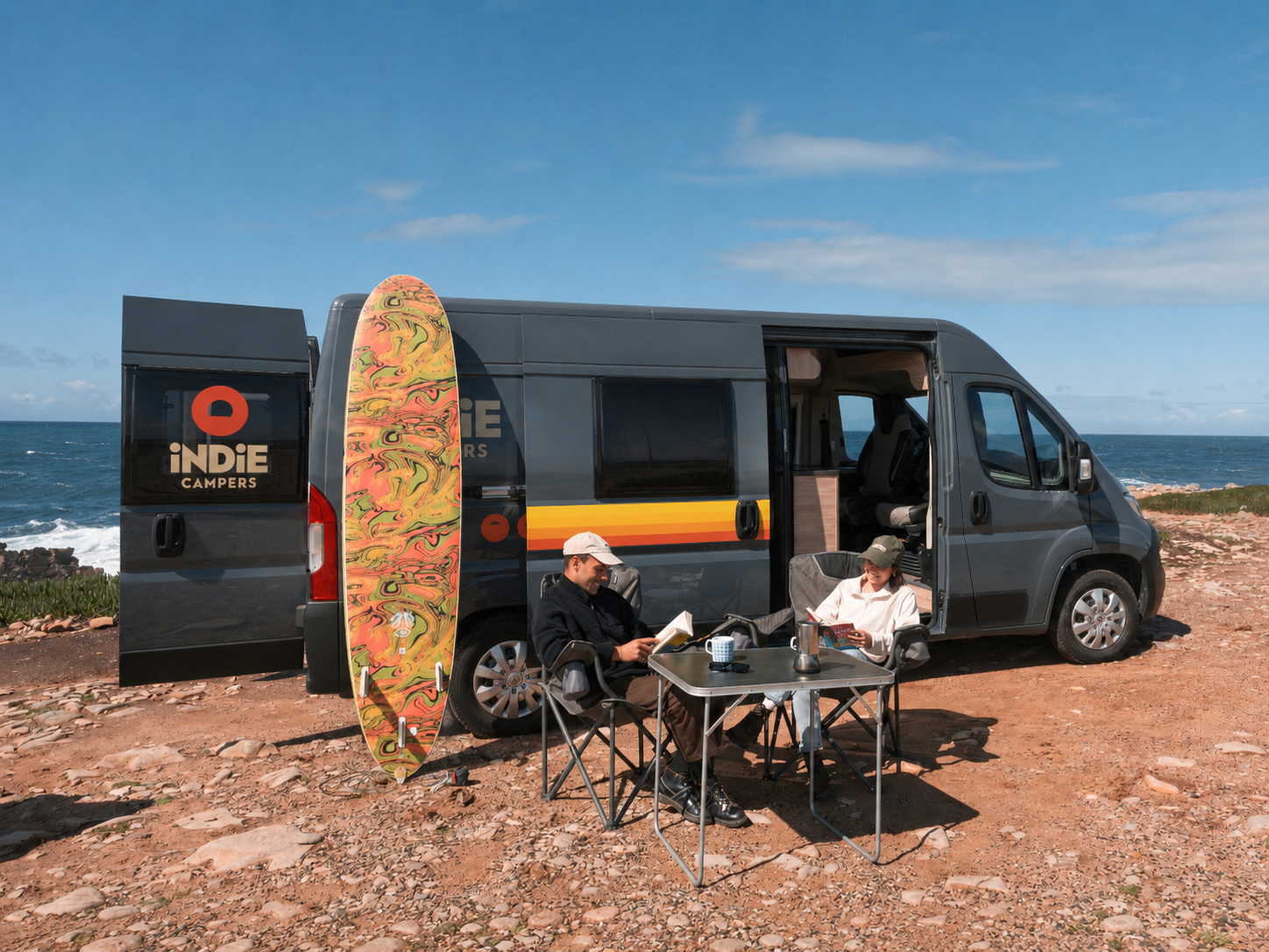 Side view of medium camper van with sliding door open, showing partial interior layout, no roof tent visible.