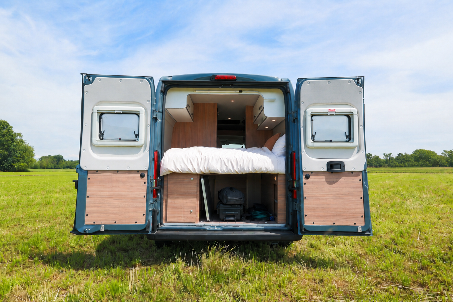 Modern campervan interior with a bed, compact kitchen, sink, and window, featuring natural light and wood accents.