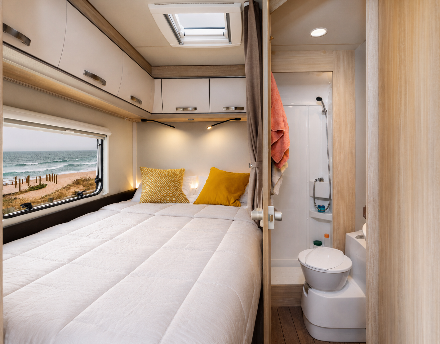 Van interior with double bed, overhead cabinets, window, ensuite bathroom with shower and toilet, modern light wood finish.