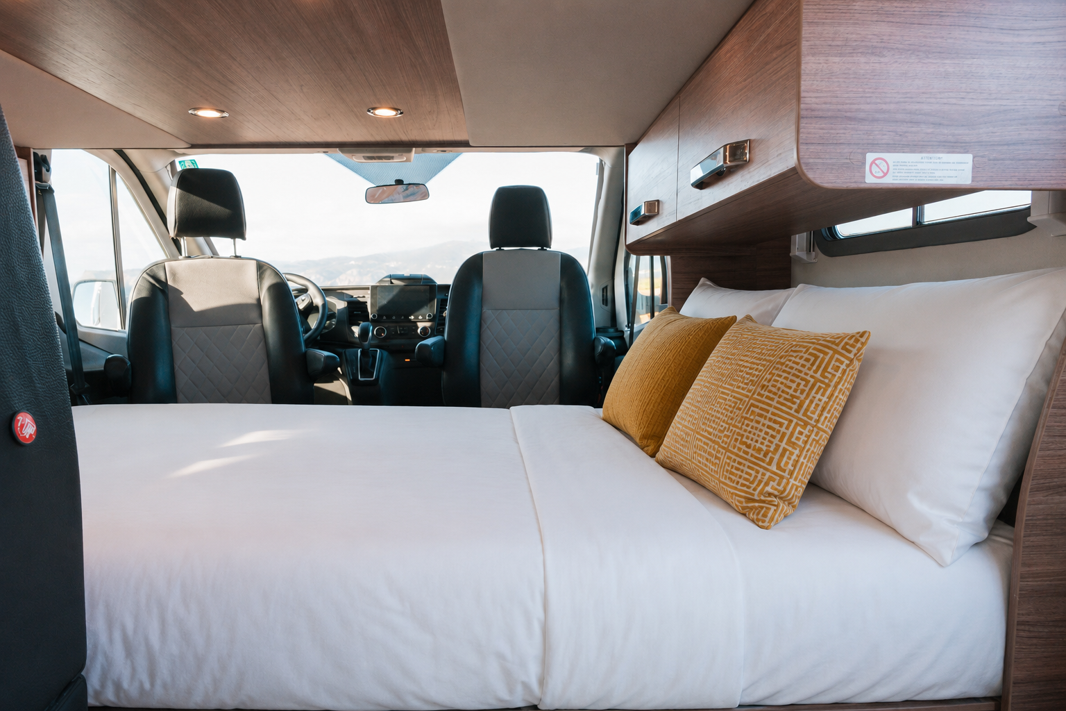 Van interior with bed, pillows, two front seats, overhead storage cabinets, and wooden ceiling panel visible.