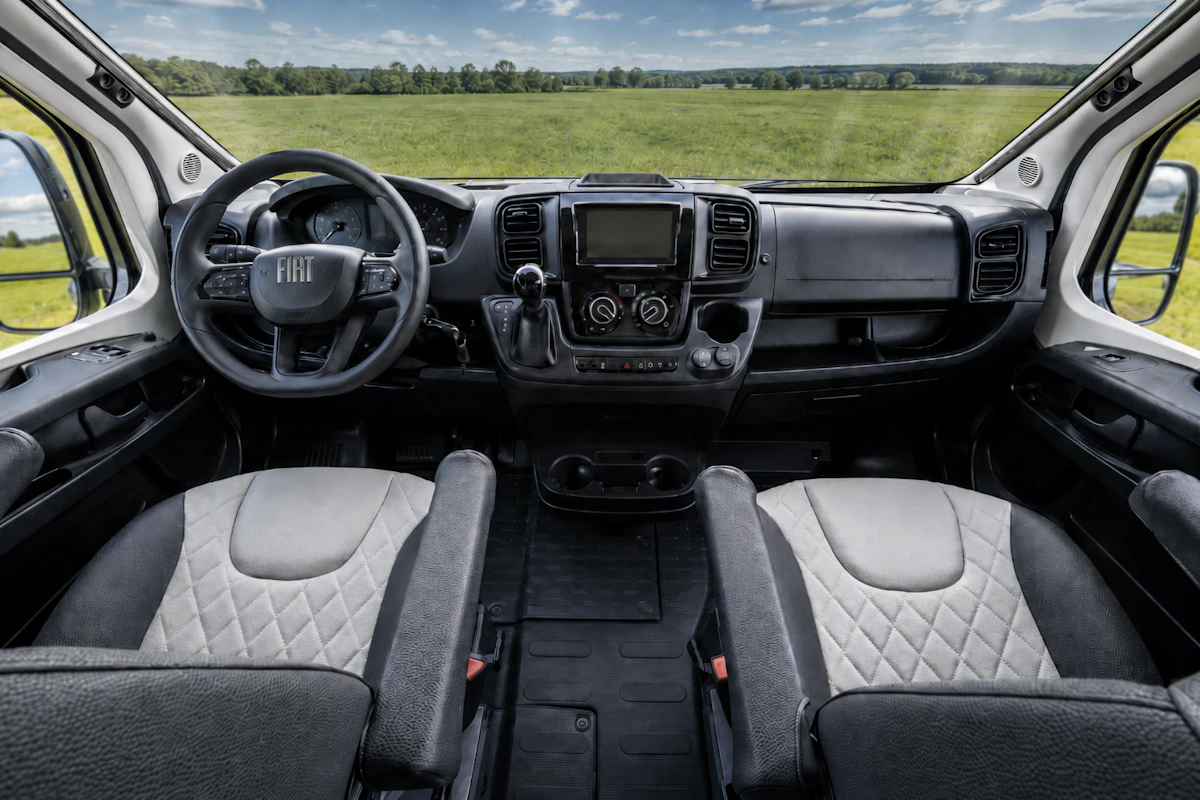 Driver and passenger seats with dashboard, steering wheel, and controls at the front interior of a camper van.