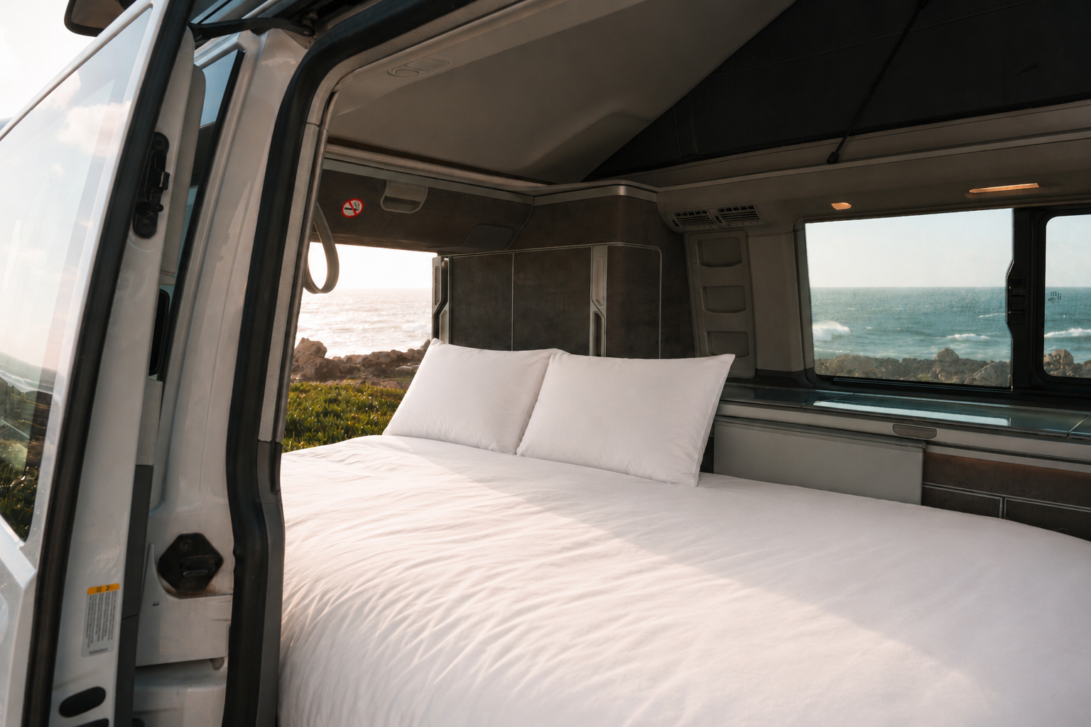 Van interior with made bed, pillows, cabinets, and window, viewed from the open side door.