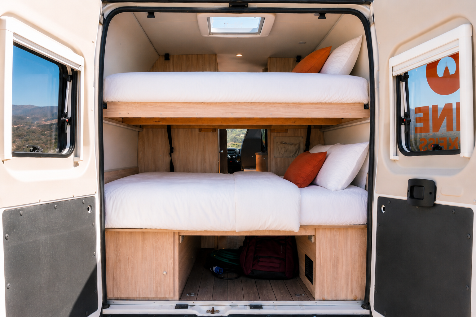 Van interior with rear view of bed, wood storage cabinets underneath, pillows on bed, visible front cabin area.
