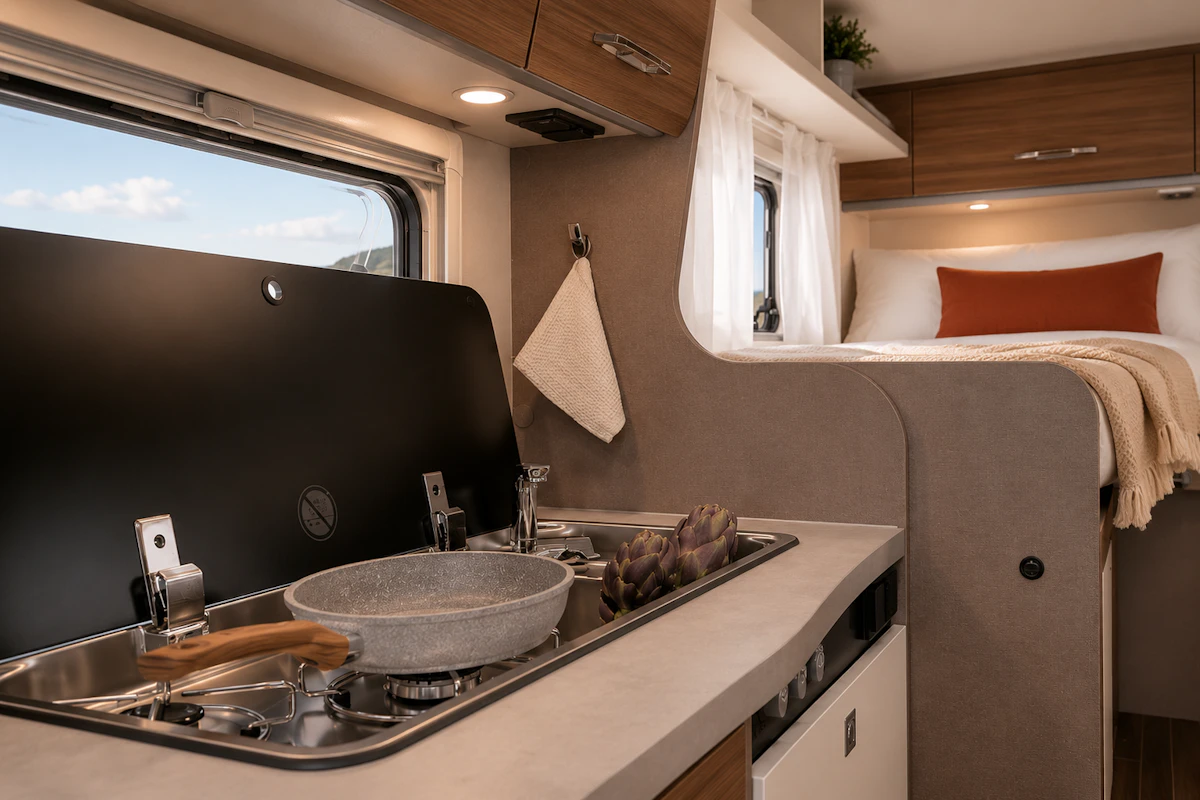 Compact van interior with kitchenette, sink, stove, overhead cabinets, and sleeping area with bed and storage.