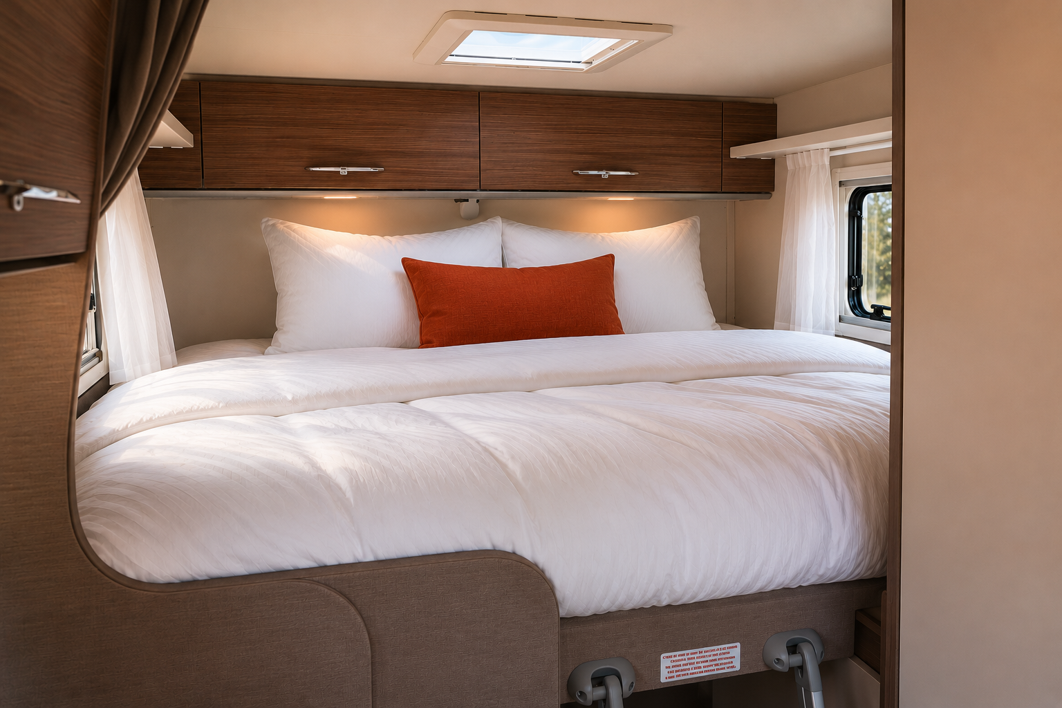 Double bed with white bedding, overhead wooden storage cabinets, window with curtains, and skylight inside camper van.