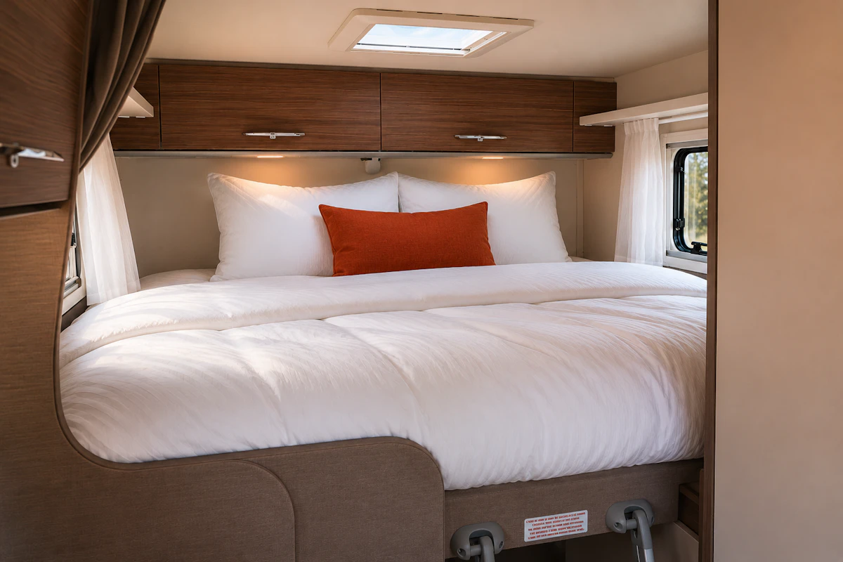 Double bed with white bedding, overhead wooden storage cabinets, window with curtains, and skylight inside camper van.