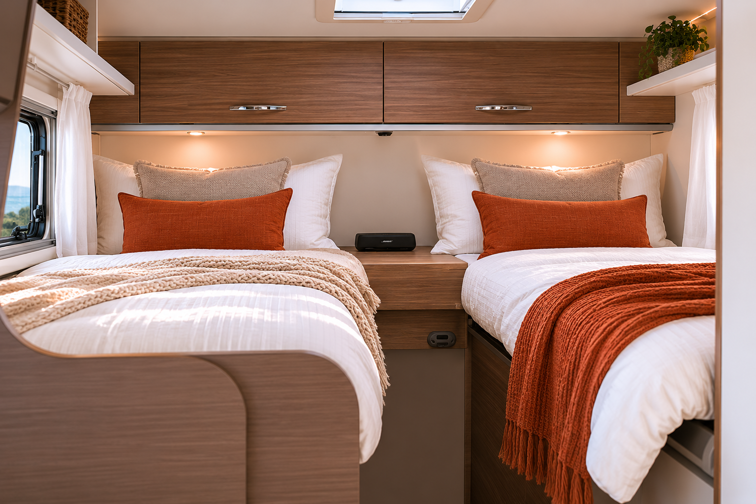 Two single beds with pillows, throws, overhead storage cabinets, and a central nightstand inside the camper van.