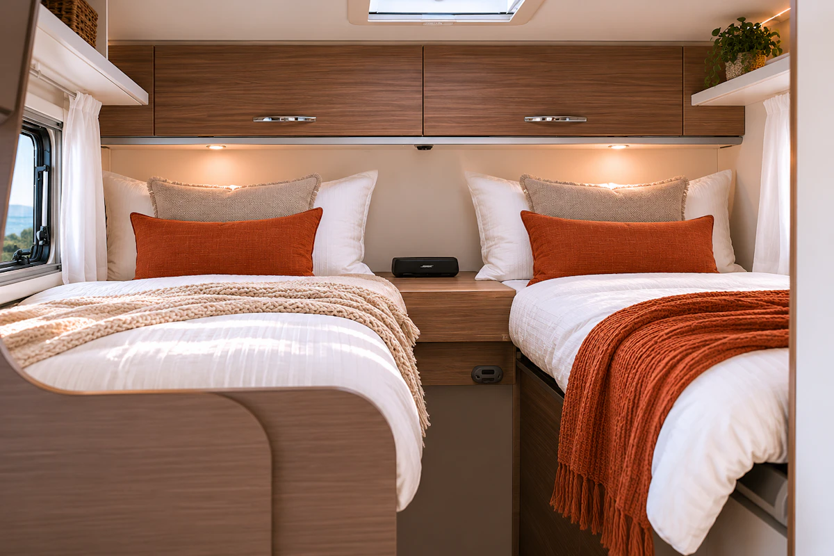 Two single beds with pillows, throws, overhead storage cabinets, and a central nightstand inside the camper van.