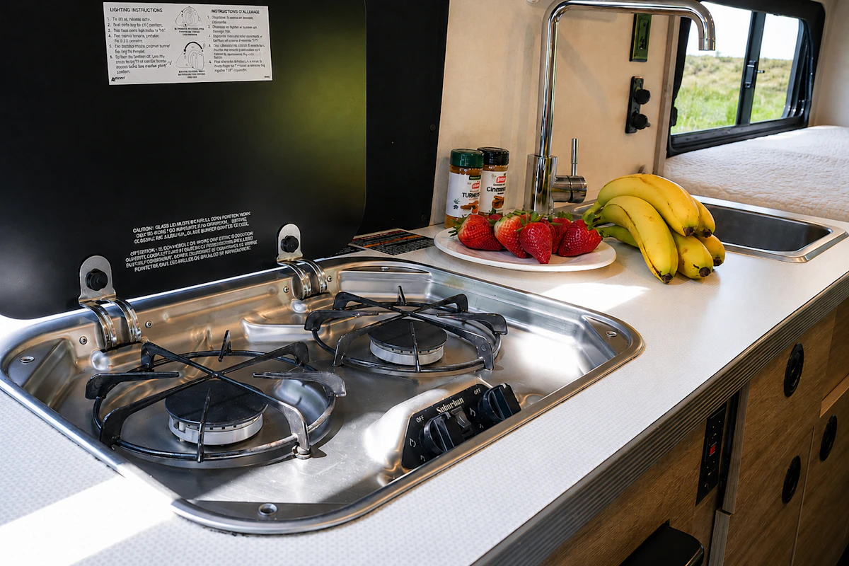 Van interior with two-burner stove, sink, countertop, food items, and storage drawers visible.