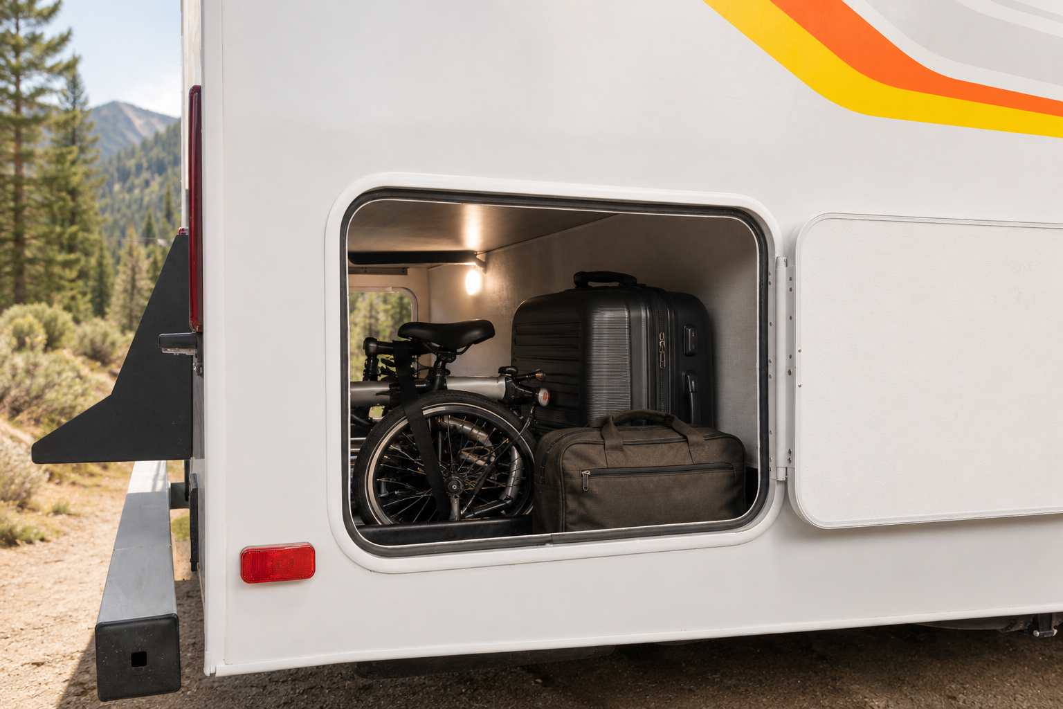 Side view of van rear storage compartment with bicycle, suitcase, and duffel bag inside.