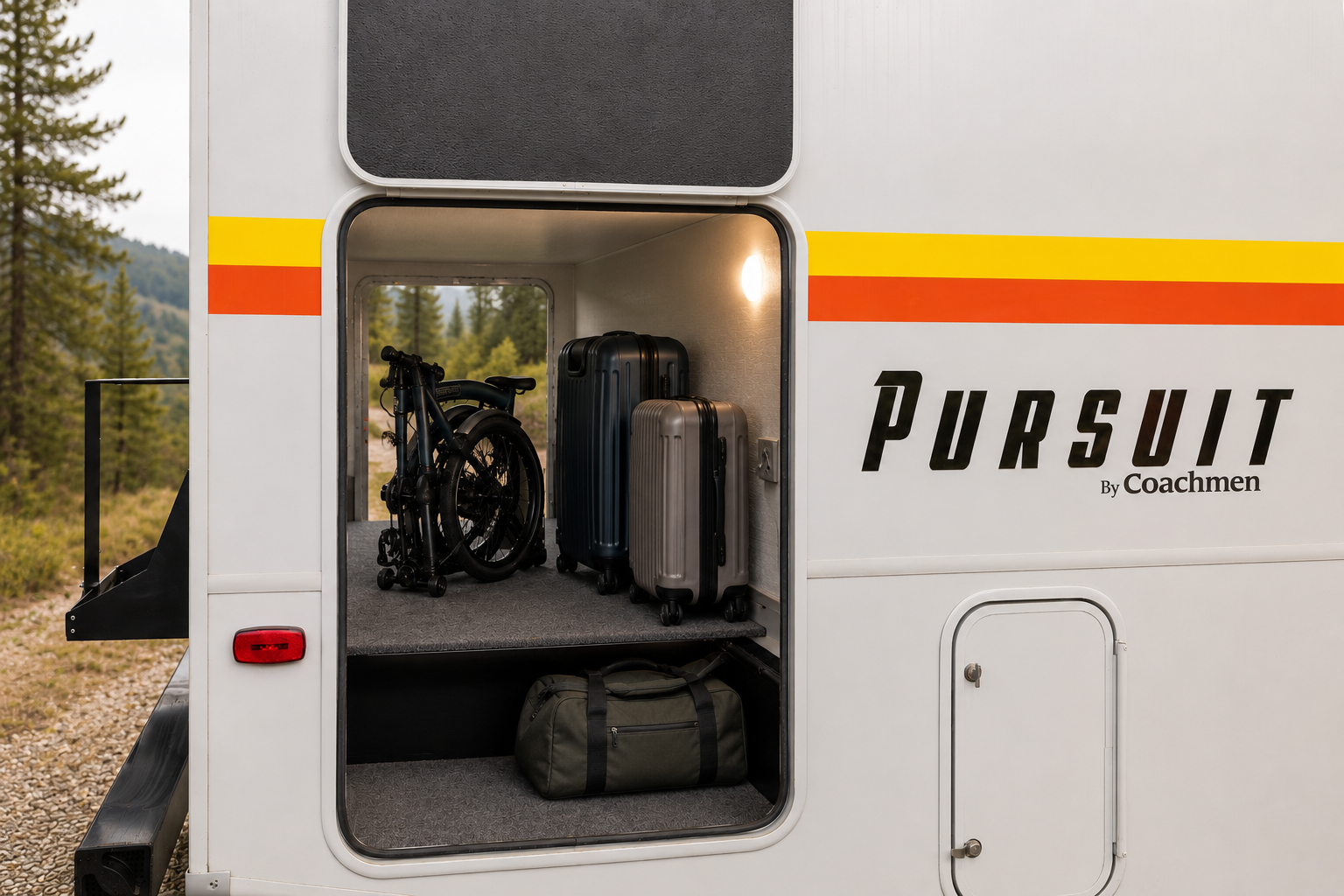 Rear view of van storage compartment with shelves, suitcases, folding wheelchair, and duffel bag visible inside.