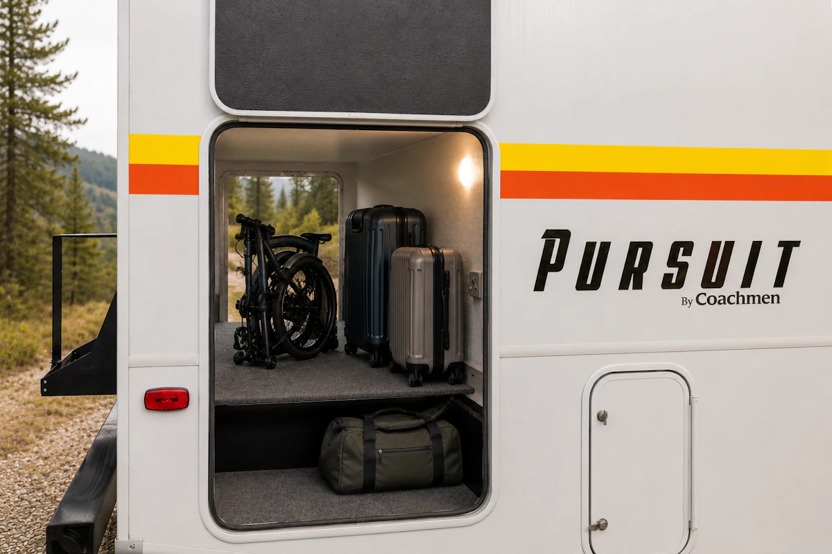 Rear view of van storage compartment with shelves, suitcases, folding wheelchair, and duffel bag visible inside.