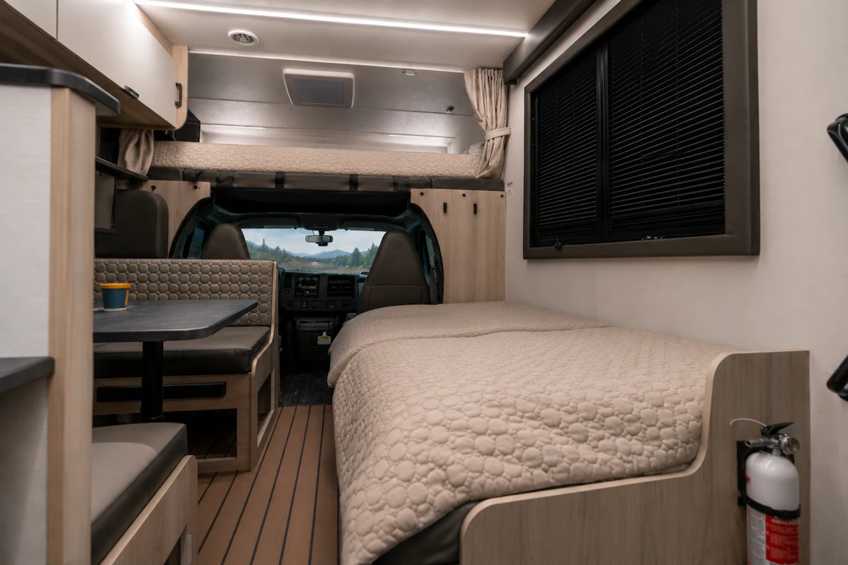 Van interior with two beds, dinette table, cushioned seats, window blinds, overhead cabinets, and a fire extinguisher.
