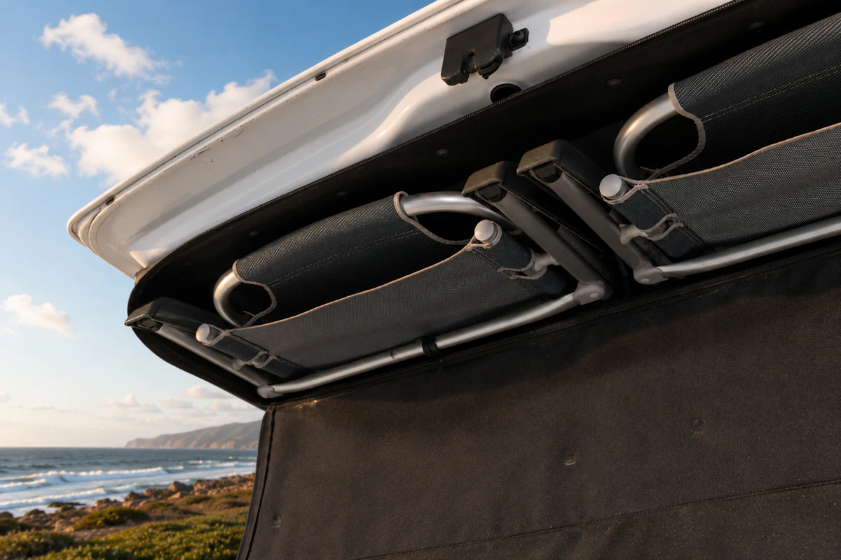 Two folding chairs stored inside the rear door compartment of a camper van.