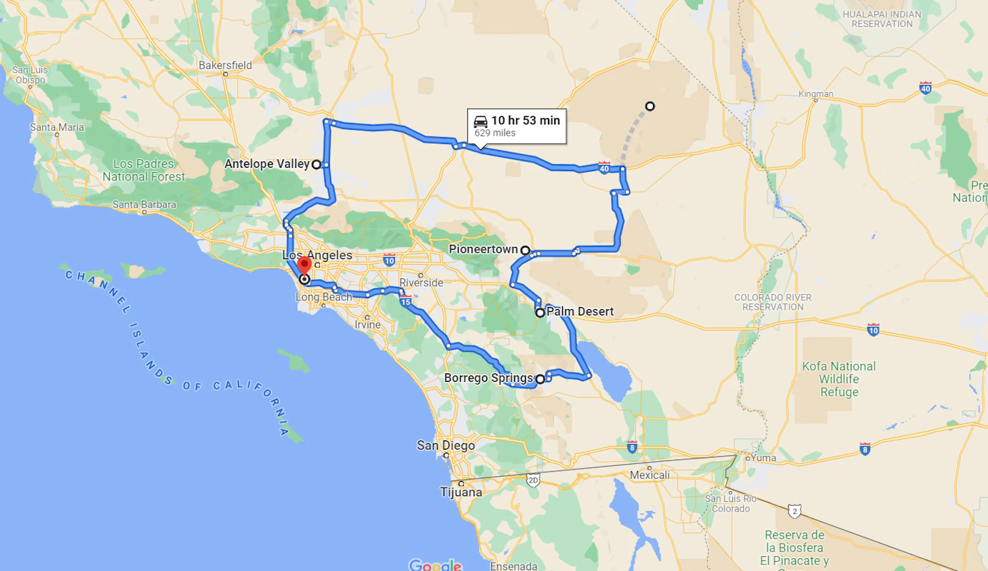 Map route of California Desert Road Trips