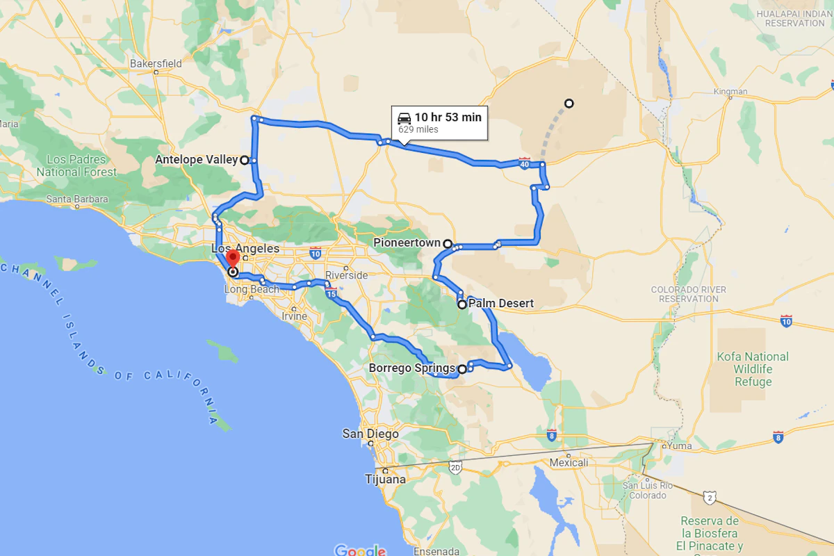 Map route of California Desert Road Trips