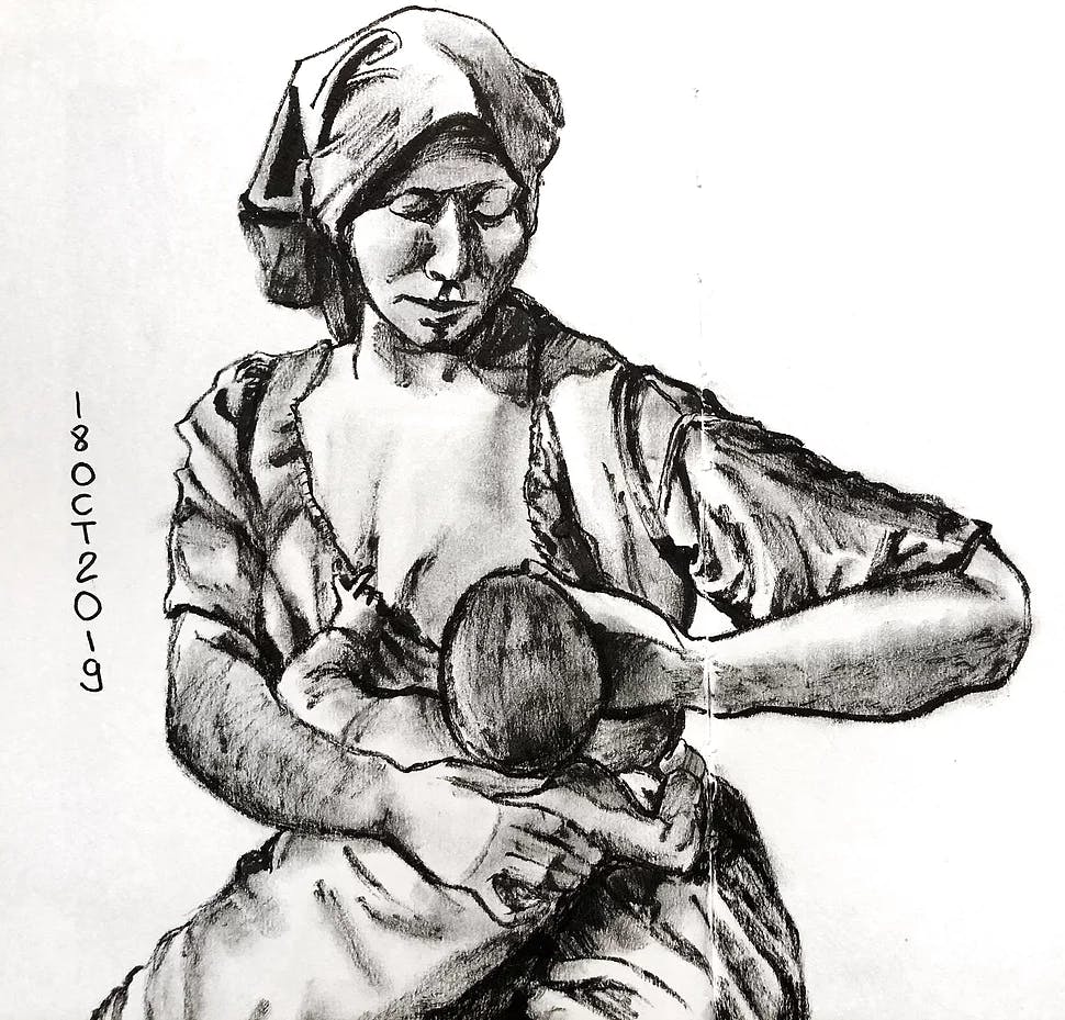 Breastfeeding woman drawing