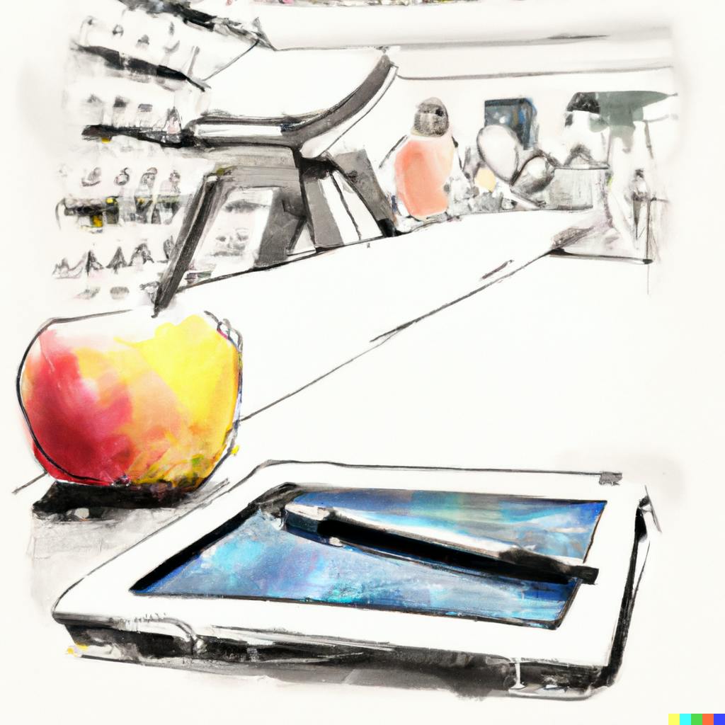 drawing of ipad with and apple