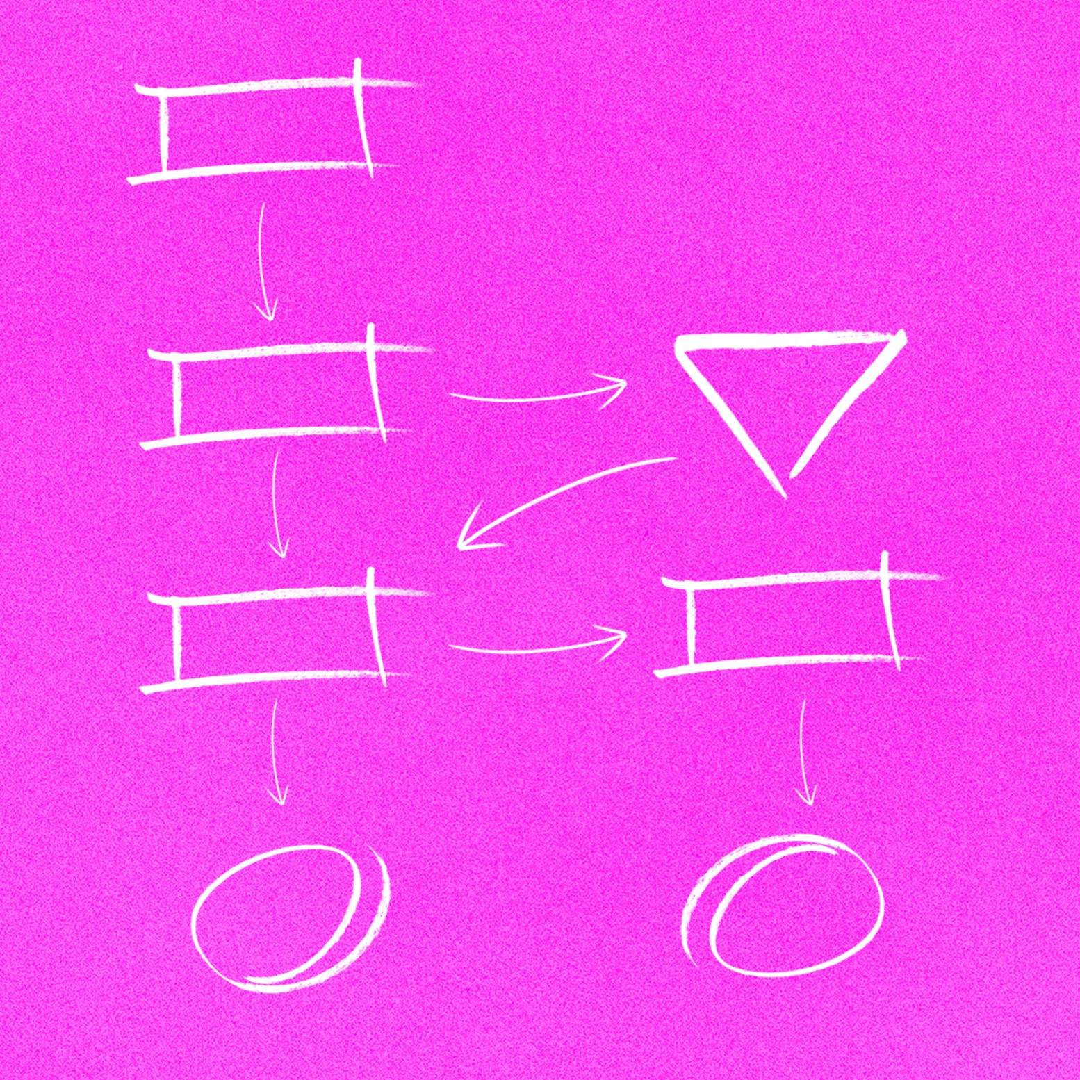 A marketing ecosystem of shapes on a pink background