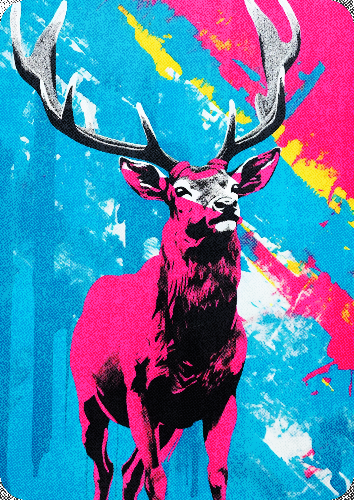 A pink stag on a blue background