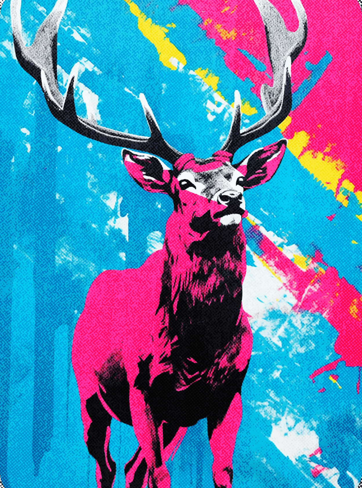 A pink stag on a blue background