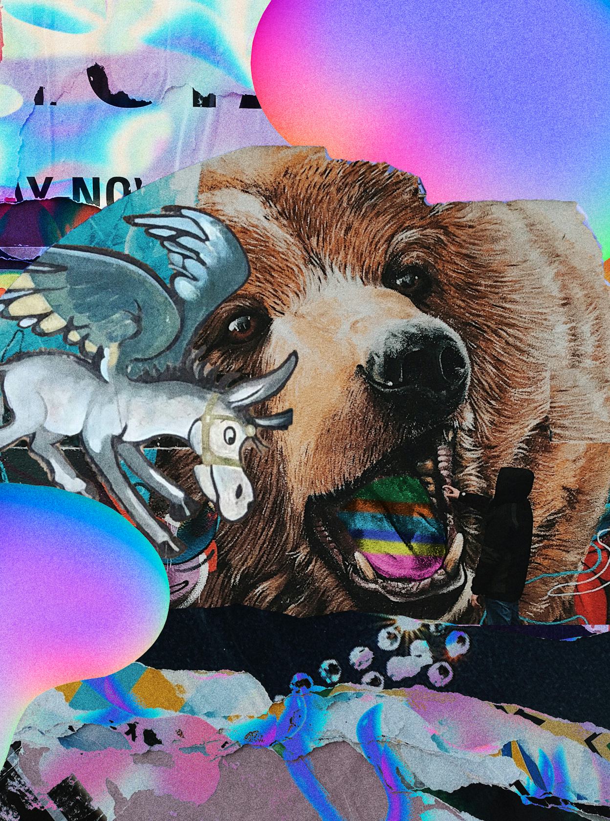 A bear head and a small donkey, on a colourful background