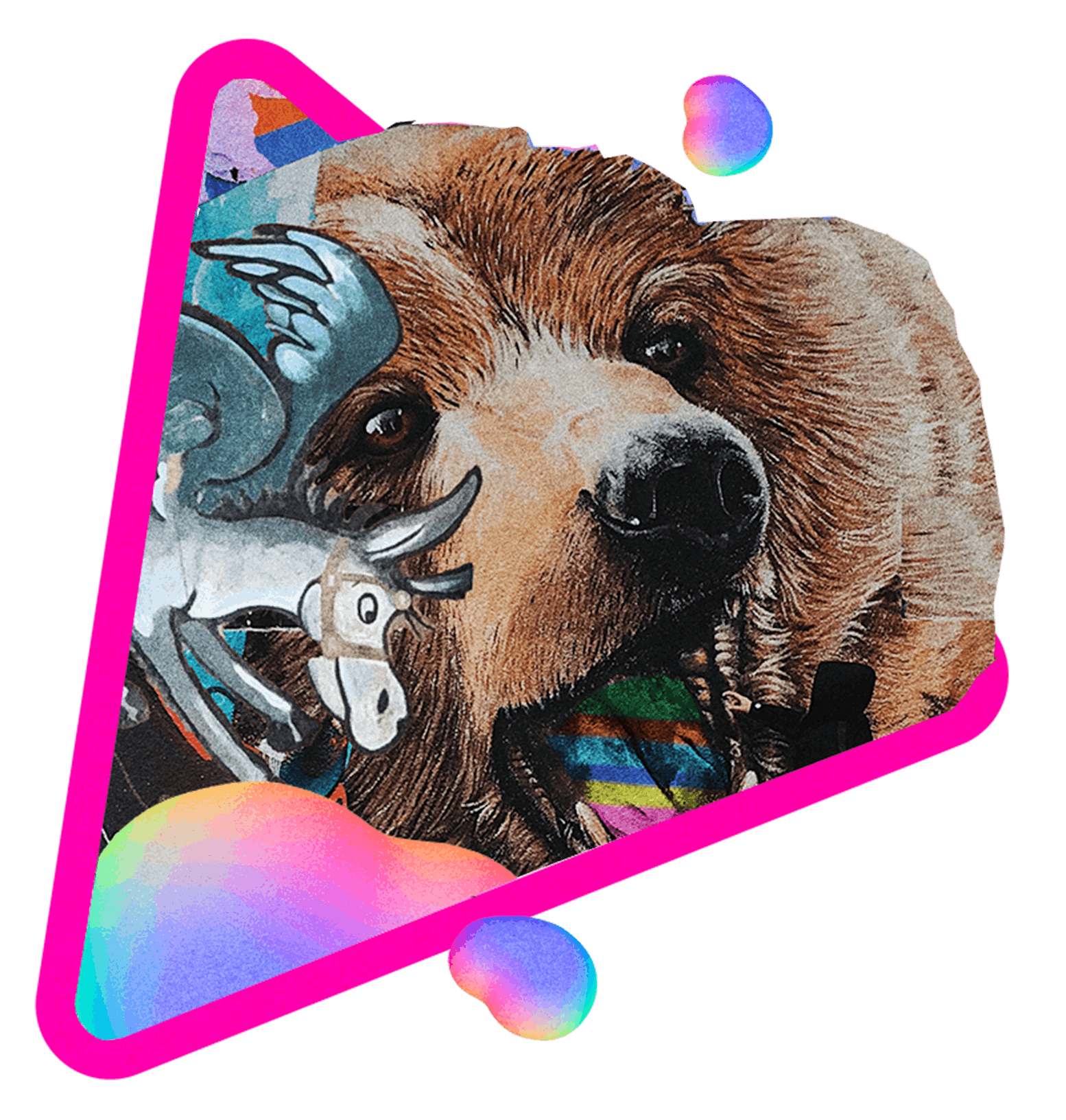 A bear with a little donkey popping out a triangle