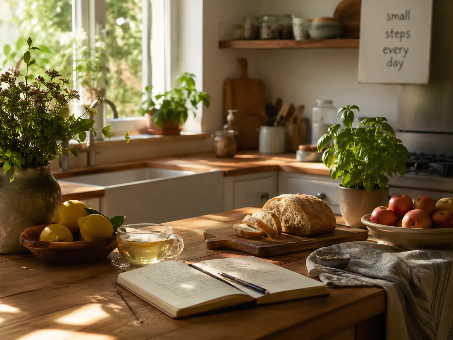 Image of a sunlit rustic kitchen.