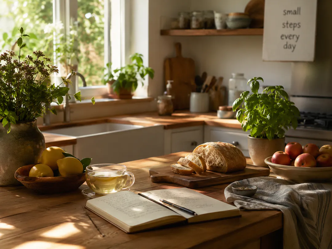 Image of a sunlit rustic kitchen.