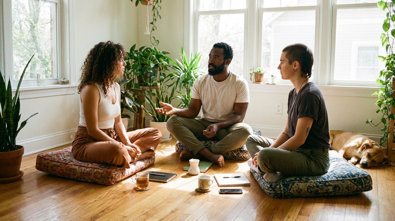 A group therapy composed of 2 women and a man. They are seated on comfy pillows on the floor. The rooms is illuminated by sunlight and has plant flours in it. There is a dog resting comfortably on the floor in the back.