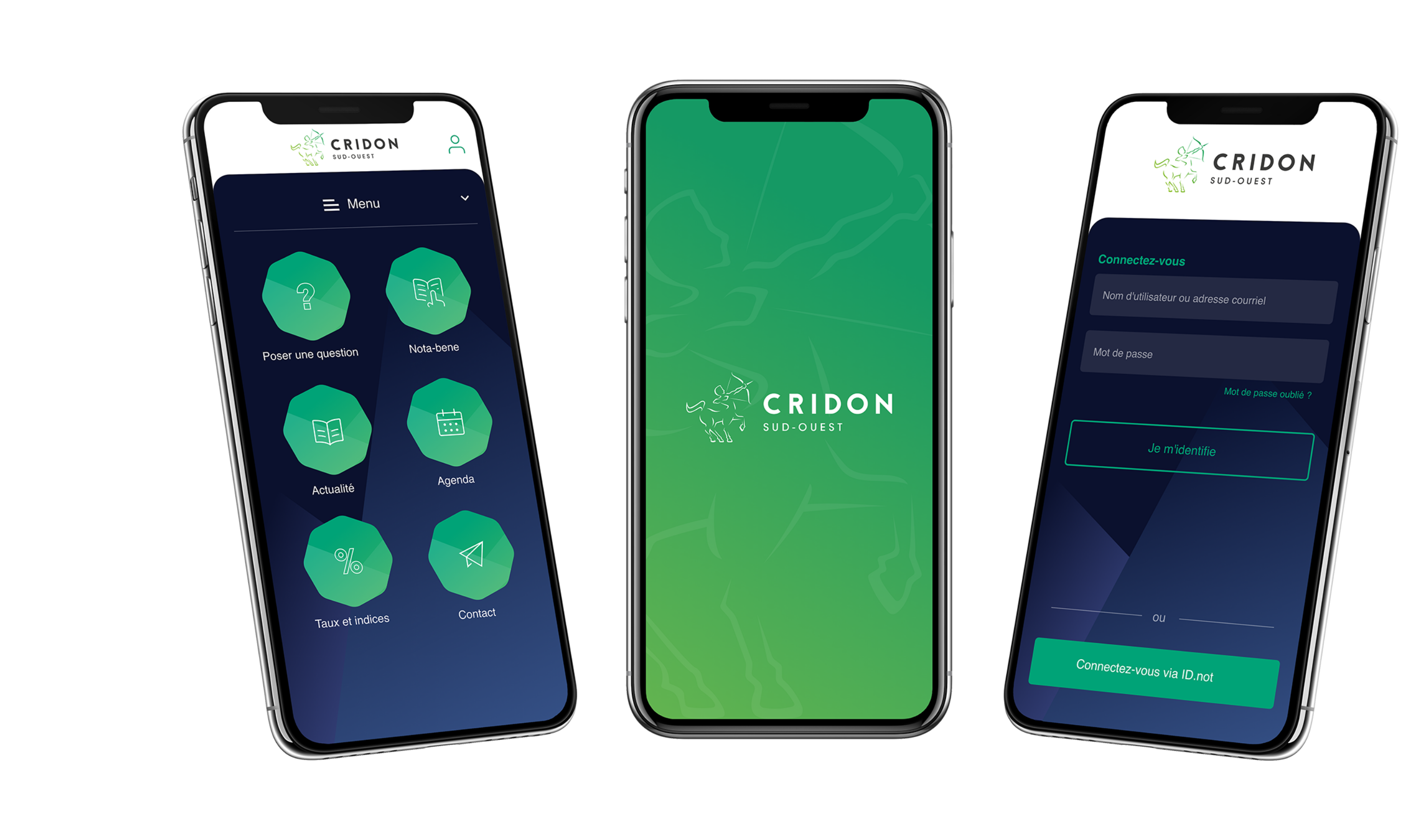 Interfaces de l'application mobile CRIDON qui facilite le quotidien des notaires
