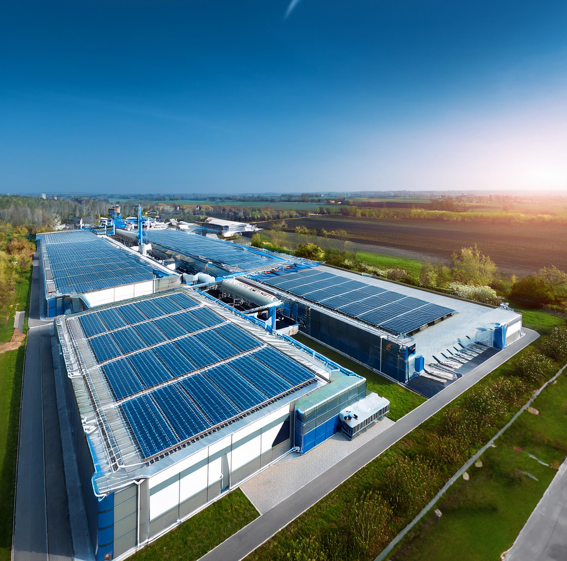 A large solar farm with rows of photovoltaic panels, representing renewable energy production.