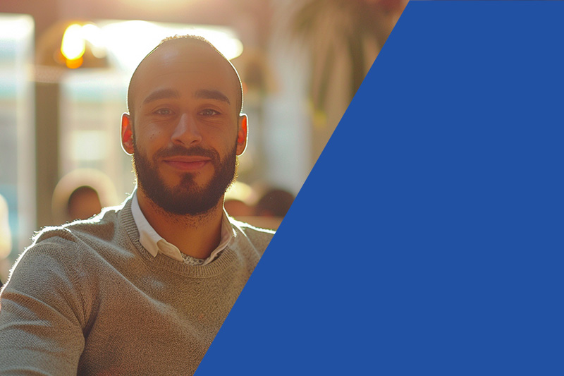 A smiling man in a professional setting, representing a friendly and welcoming workplace.
