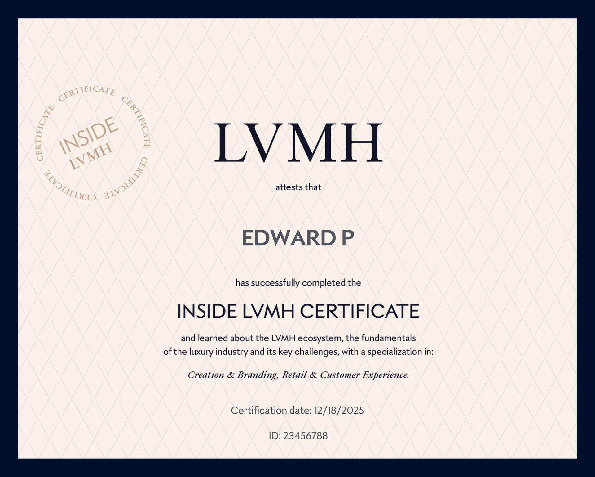 CERTIFICATE ⏐ INSIDE LVMH