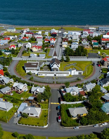 Aerial view of the town of Reykjanes, Iceland.