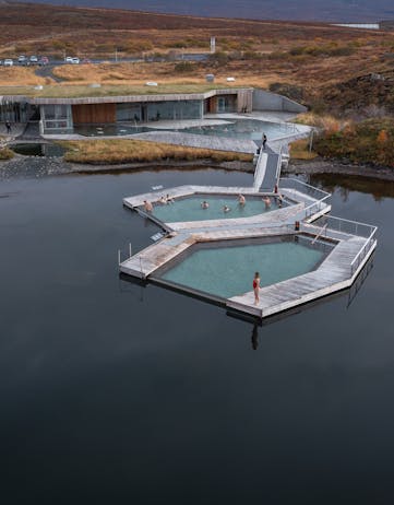 Aerial view of Vök Baths and the floating infinity pools, East Iceland. Photo: Icelandic Explorer