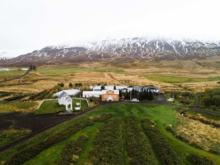 Bird's eye view of Vellir Farm in North Iceland