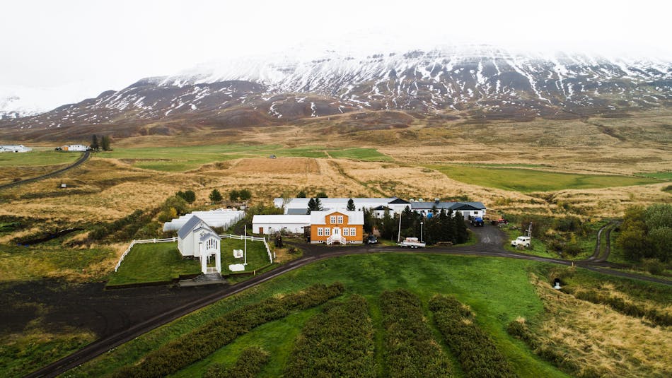 Bird's eye view of Vellir Farm in North Iceland