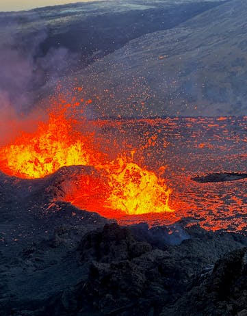 Spatter cones forming in the sea of lava at Fagradalsfjall Volcano