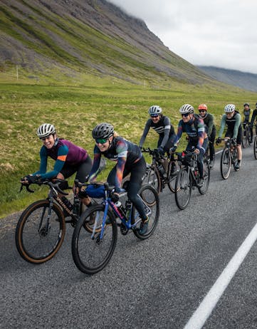 A pack of cyclists on the Arna Westfjords Way Challenge.