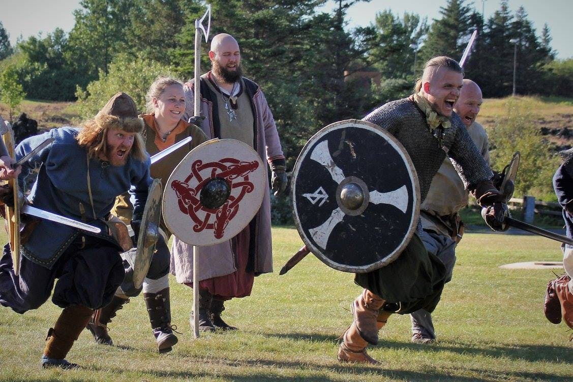 A Viking battle re-enactment at the HafnarfjÃ¶rÃ°ur Viking Festival.