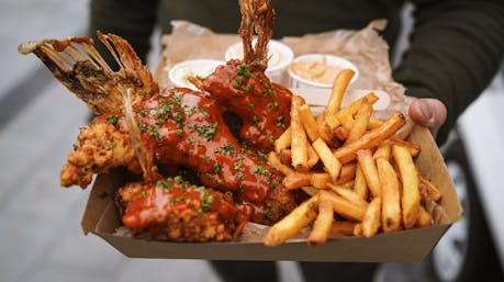 Cod wings and fries from the Slippuriin Food truck at the harbor in the Westman Islands, Iceland. Photo: Anders & Kaitlin