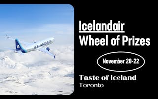 Wheel of Prizes Toronto 2025 web graphic with Icelandair plane flying above snow-capped mountains.