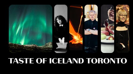 Promotional web graphic for Taste of Iceland Toronto 2025, featuring a collage of vertical panels: the Northern Lights over Icelandic mountains, a woman at a piano, flowing lava, an Icelandic chef, a plated dish, and a smiling woman in evening attire. Text reads: “Taste of Iceland Toronto.